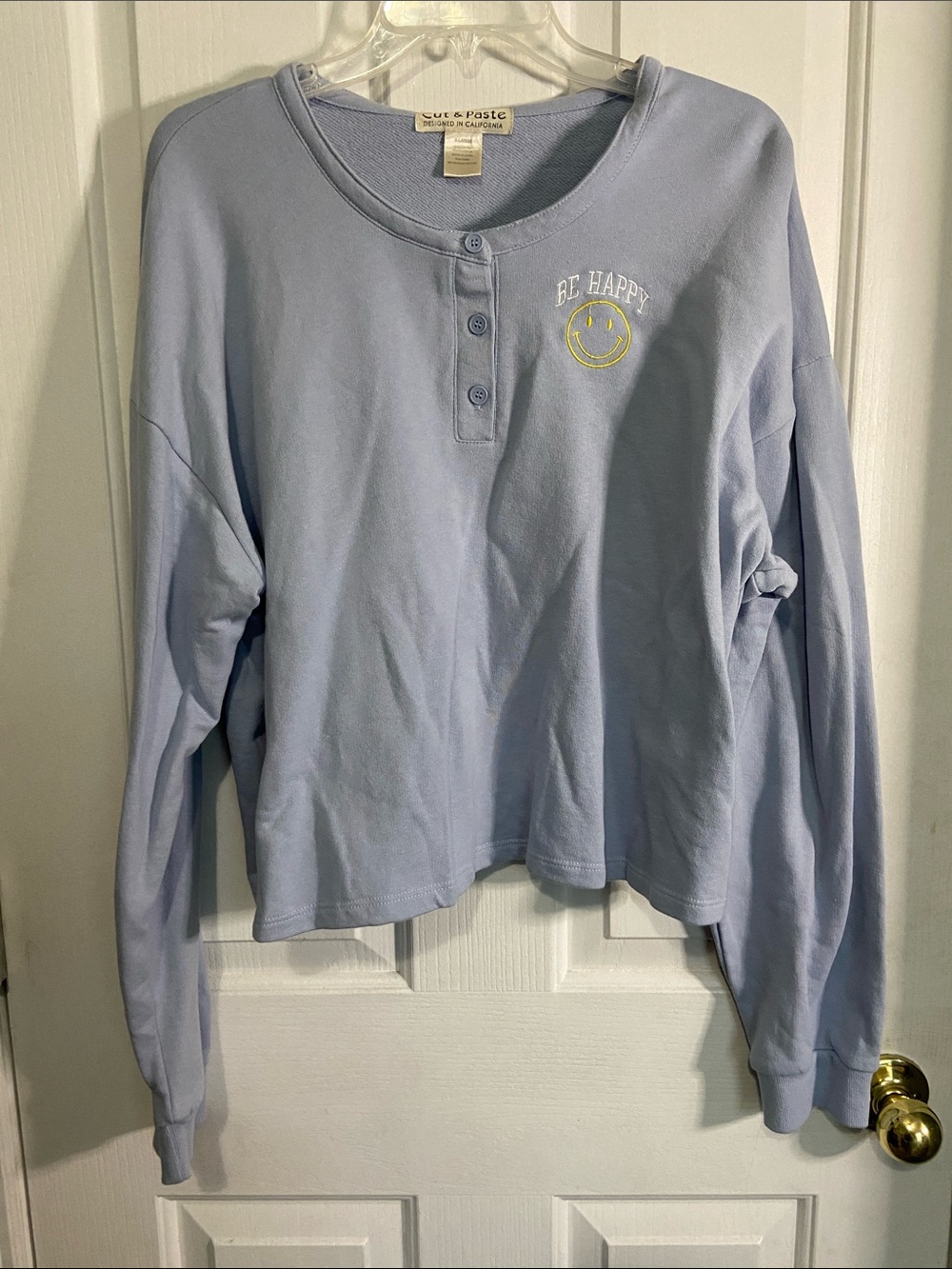 Cute & Paste 'Be Happy' Light Blue Henley Sweatshirt